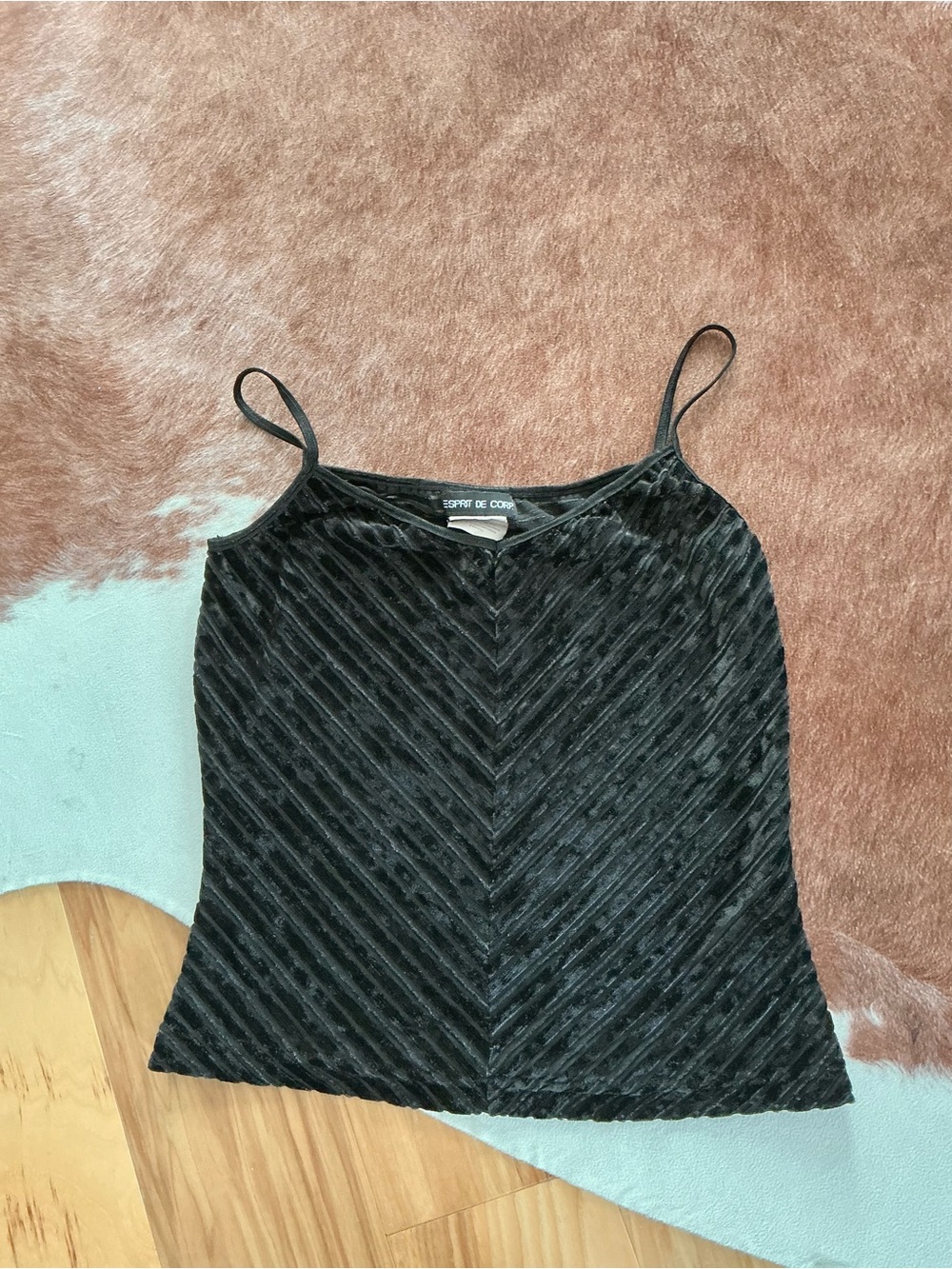 Vintage Esprit Black Velvet & Mesh Herringbone Spaghetti Strap Cami Size Small